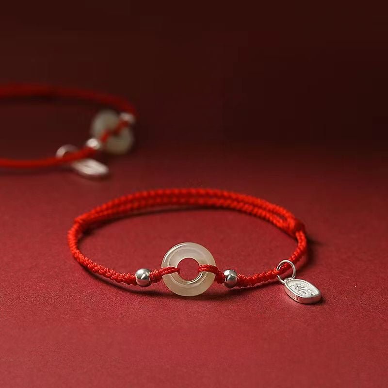Natural Hetian Jade Ping’an Donut Red String Bracelet – 999 Silver Charm, Zodiac New‑Year Protection - STAR8S