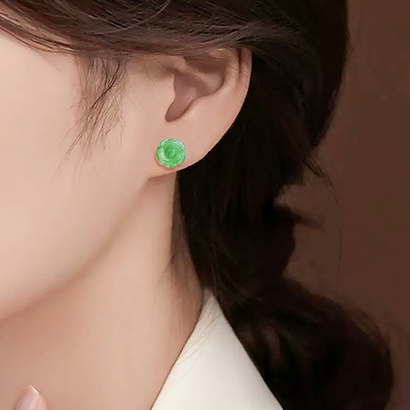 Natural Hetian Jade Rose Flower Earrings, S925 Silver – Elegant Women's Jewelry | High - End Fashion - STAR8S