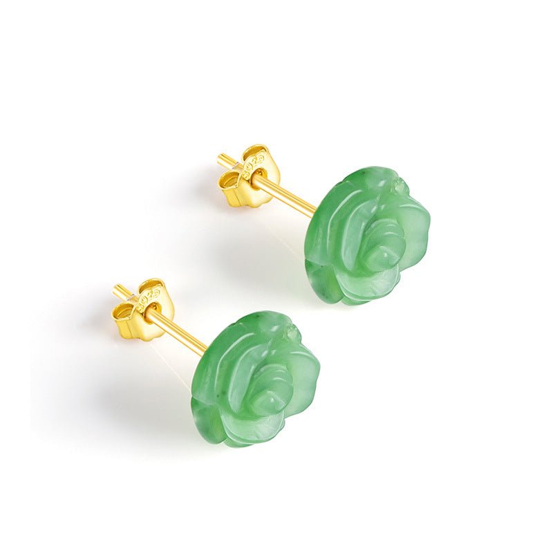Natural Hetian Jade Rose Flower Earrings, S925 Silver – Elegant Women's Jewelry | High - End Fashion - STAR8S