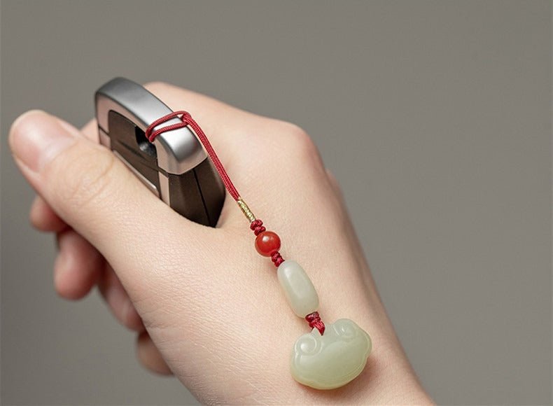 Natural Hetian Jade Ruyi Lock Keychain – Car, Phone & Bag Charm for Good Fortune - STAR8S