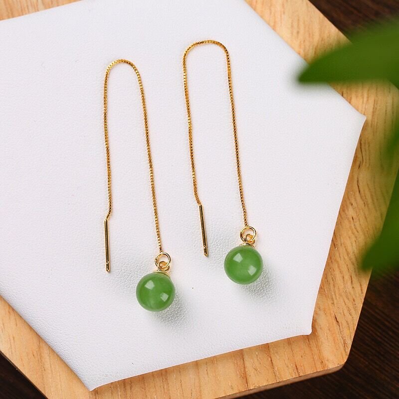 Natural Jade 8mm Bead Drop Earrings – Elegant and Minimalist Gold - Plated Earrings for Women - STAR8S