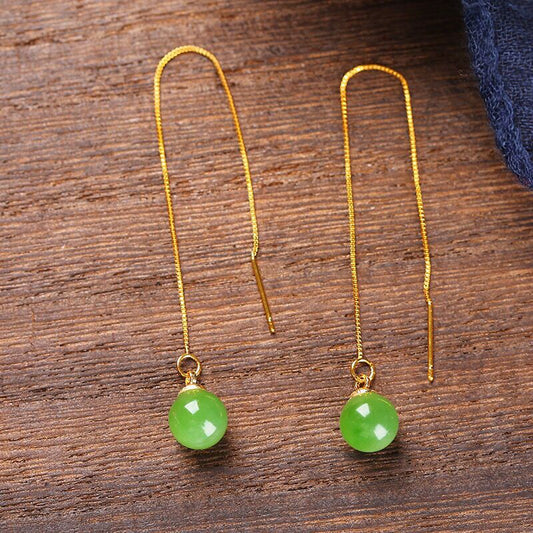 Natural Jade 8mm Bead Drop Earrings – Elegant and Minimalist Gold - Plated Earrings for Women - STAR8S