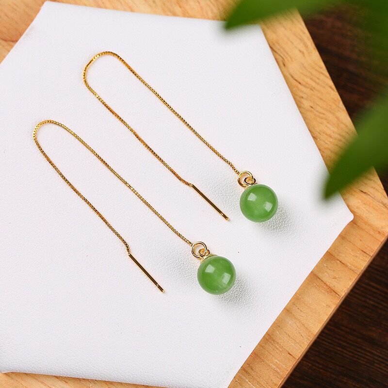 natural jade 8mm bead drop earrings – elegant and minimalist gold - plated earrings for women - star8s