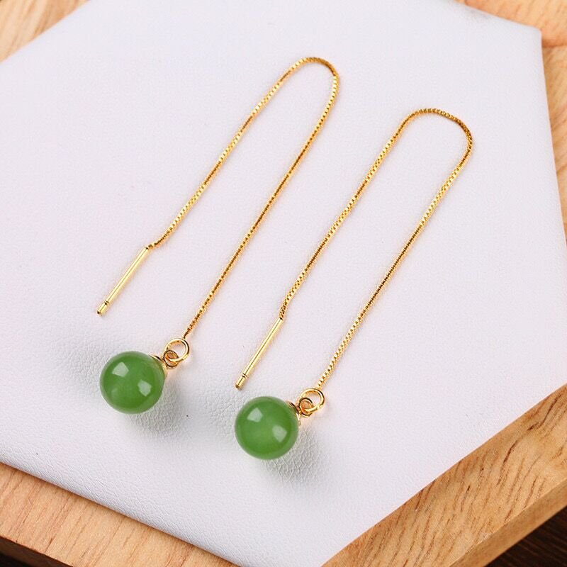 Natural Jade 8mm Bead Drop Earrings – Elegant and Minimalist Gold - Plated Earrings for Women - STAR8S