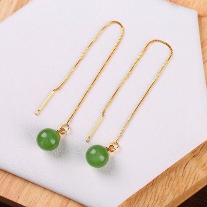 Natural Jade 8mm Bead Drop Earrings – Elegant and Minimalist Gold - Plated Earrings for Women - STAR8S