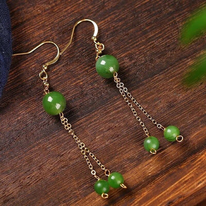 Natural Jade 8mm Bead Drop Earrings with Tassels – Minimalist Fresh Design for Women - STAR8S