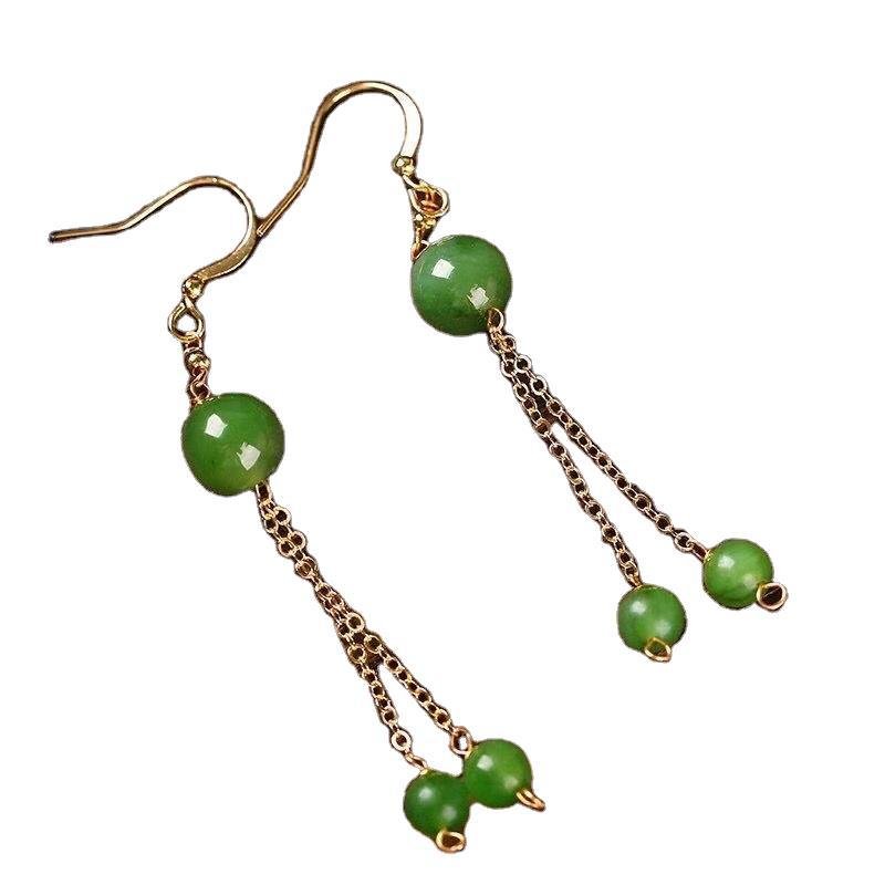 natural jade 8mm bead drop earrings with tassels – minimalist fresh design for women - star8s