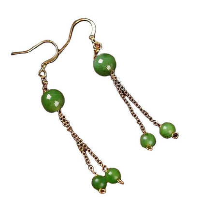 Natural Jade 8mm Bead Drop Earrings with Tassels – Minimalist Fresh Design for Women - STAR8S