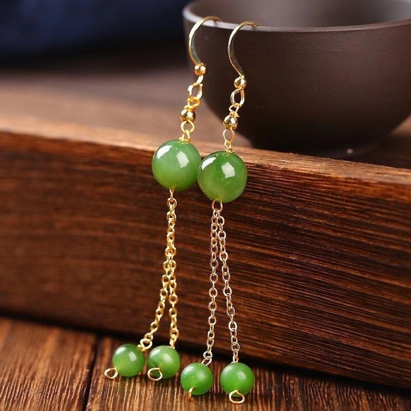 Natural Jade 8mm Bead Drop Earrings with Tassels – Minimalist Fresh Design for Women - STAR8S