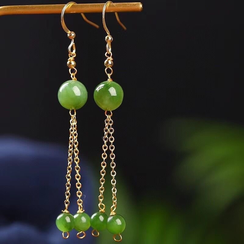 Natural Jade 8mm Bead Drop Earrings with Tassels – Minimalist Fresh Design for Women - STAR8S