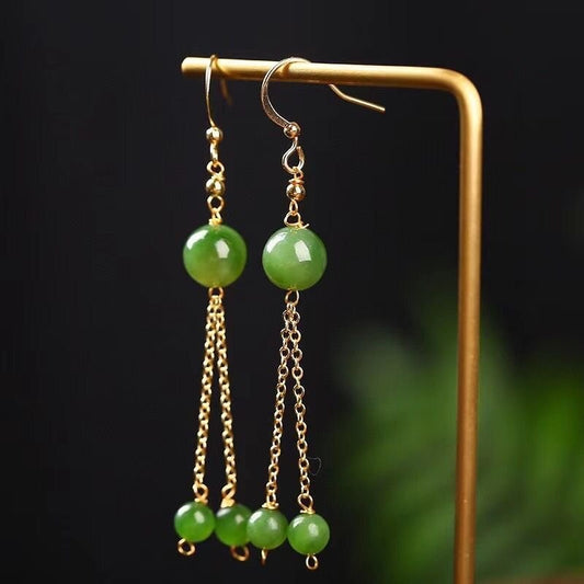 Natural Jade 8mm Bead Drop Earrings with Tassels – Minimalist Fresh Design for Women - STAR8S