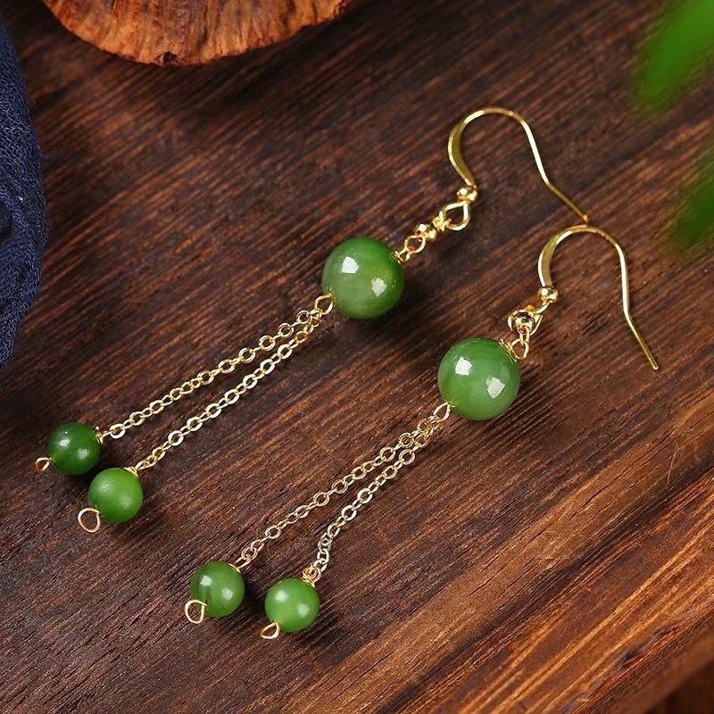 natural jade 8mm bead drop earrings with tassels – minimalist fresh design for women - star8s