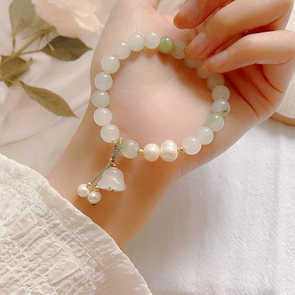 Natural Jade Bracelet with Lily of the Valley Bead Charm - Elegant Women’s Bracelet - STAR8S