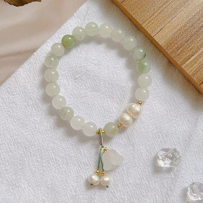 Natural Jade Bracelet with Lily of the Valley Bead Charm - Elegant Women’s Bracelet - STAR8S
