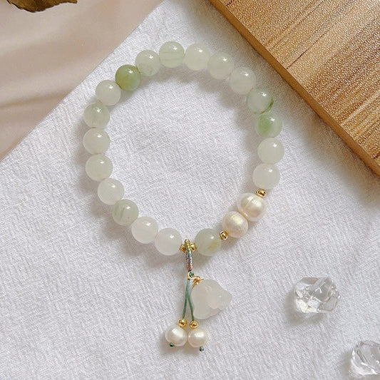 Natural Jade Bracelet with Lily of the Valley Bead Charm - Elegant Women’s Bracelet - STAR8S