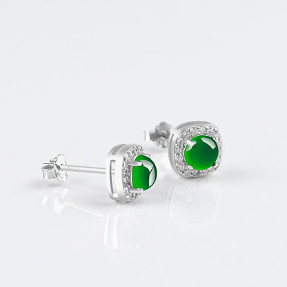Natural Jade Green Round Earrings | S925 Silver Setting | Elegant Ice - Seed Jade Studs for Women - STAR8S