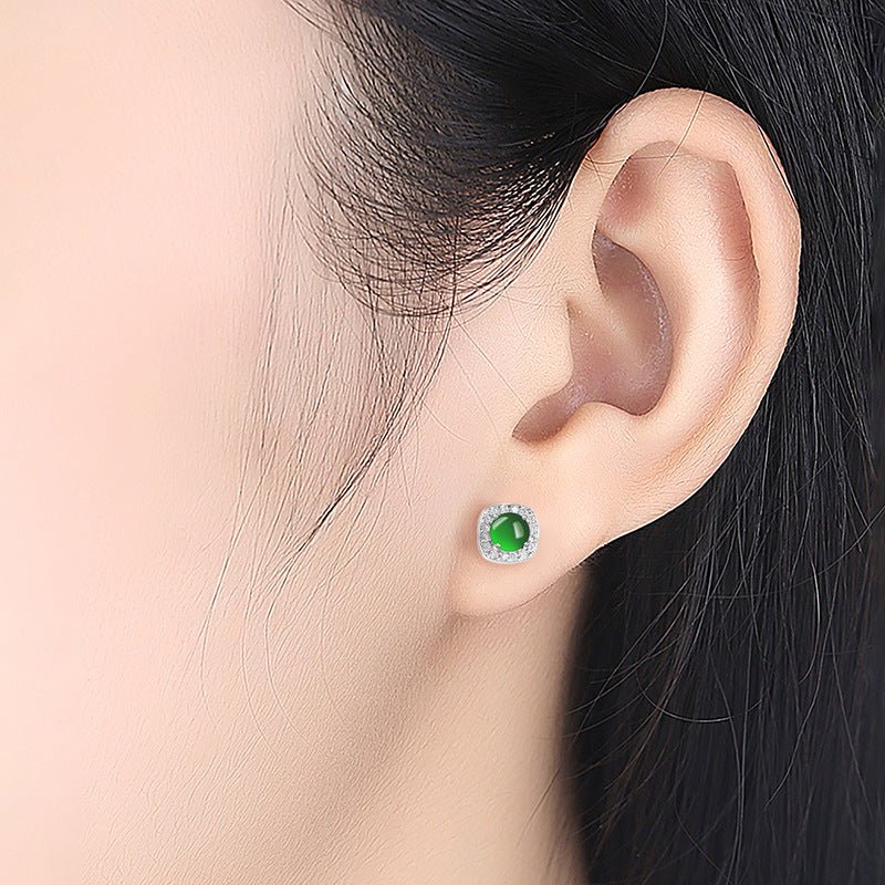 Natural Jade Green Round Earrings | S925 Silver Setting | Elegant Ice - Seed Jade Studs for Women - STAR8S