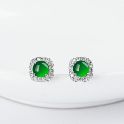 Natural Jade Green Round Earrings | S925 Silver Setting | Elegant Ice - Seed Jade Studs for Women - STAR8S