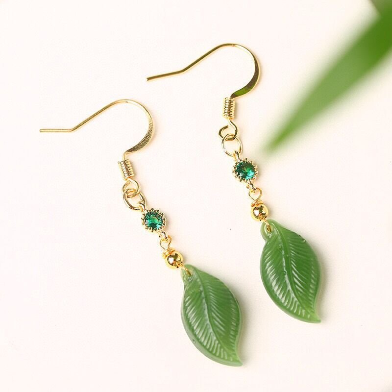 Natural Jade Leaf Earrings with Green Crystal Accents | Elegant Gold Hook Earrings for Women - STAR8S