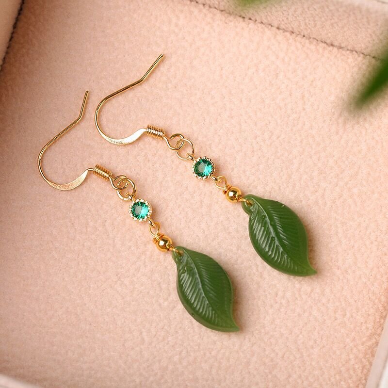 Natural Jade Leaf Earrings with Green Crystal Accents | Elegant Gold Hook Earrings for Women - STAR8S