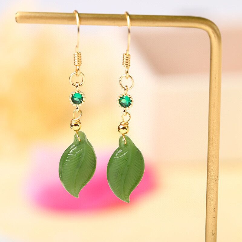 Natural Jade Leaf Earrings with Green Crystal Accents | Elegant Gold Hook Earrings for Women - STAR8S
