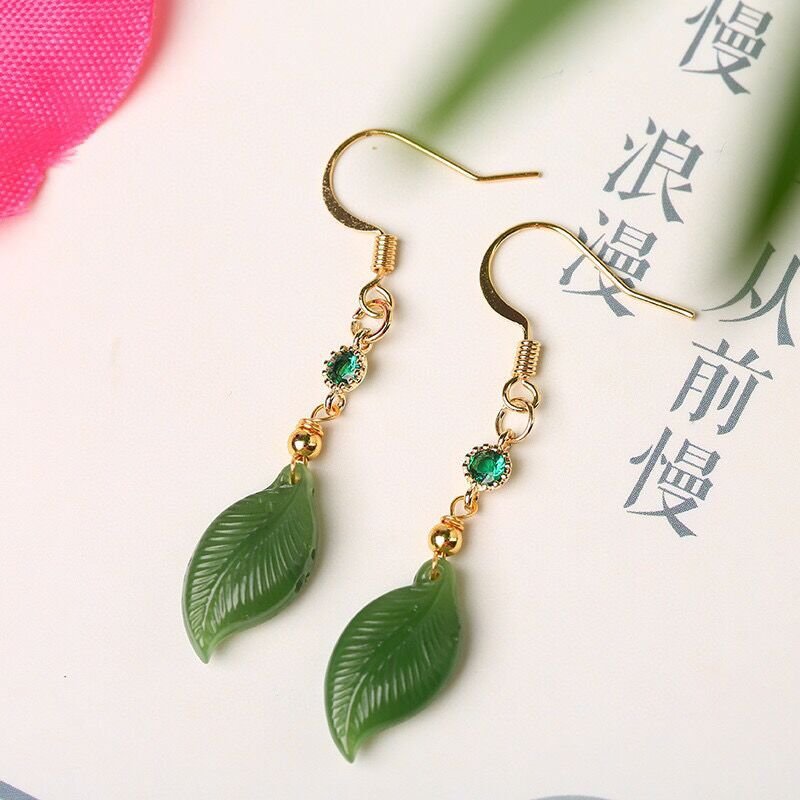 Natural Jade Leaf Earrings with Green Crystal Accents | Elegant Gold Hook Earrings for Women - STAR8S