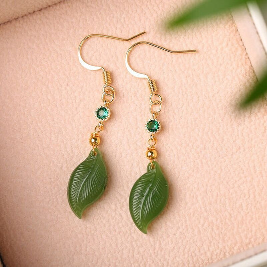 Natural Jade Leaf Earrings with Green Crystal Accents | Elegant Gold Hook Earrings for Women - STAR8S