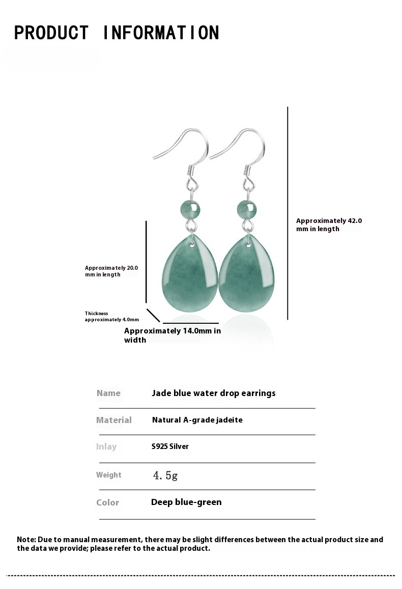 Natural jadeite blue water water drop earrings S925 silver ice jade fashion women's earrings, earrings are simple - STAR8S