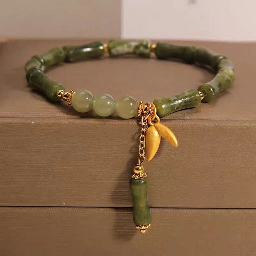 natural olive jade bamboo segment bracelet for women - 6mm jade beads & bamboo leaf charms | elegant & stylish gift - star8s