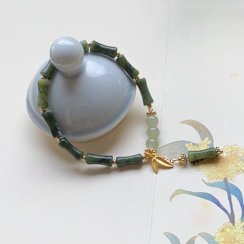 Natural Olive Jade Bamboo Segment Bracelet for Women - 6mm Jade Beads & Bamboo Leaf Charms | Elegant & Stylish Gift - STAR8S