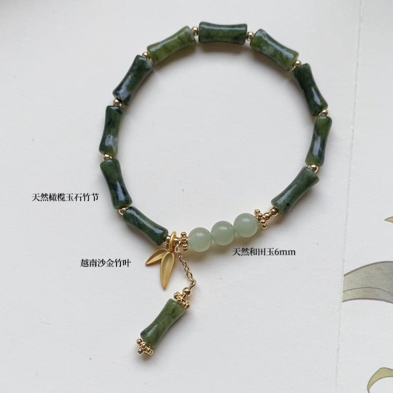 natural olive jade bamboo segment bracelet for women - 6mm jade beads & bamboo leaf charms | elegant & stylish gift - star8s