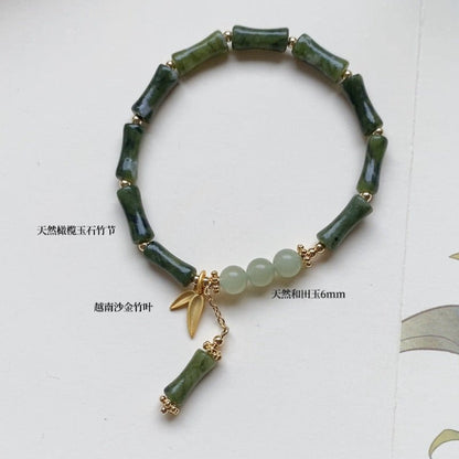 Natural Olive Jade Bamboo Segment Bracelet for Women - 6mm Jade Beads & Bamboo Leaf Charms | Elegant & Stylish Gift - STAR8S