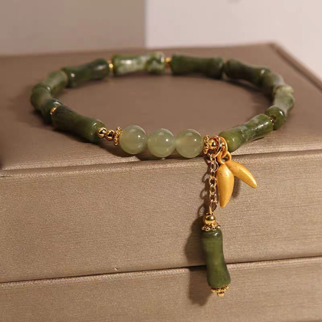 Natural Olive Jade Bamboo Segment Bracelet for Women - 6mm Jade Beads & Bamboo Leaf Charms | Elegant & Stylish Gift - STAR8S