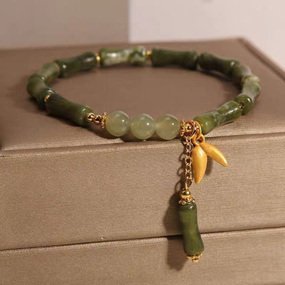Natural Olive Jade Bamboo Segment Bracelet for Women - 6mm Jade Beads & Bamboo Leaf Charms | Elegant & Stylish Gift - STAR8S