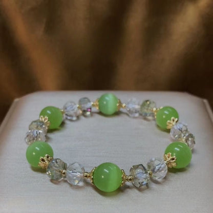 Natural White Cat's Eye Stone Bracelet with 10mm Austrian Crystals - Elegant Women's Fashion Jewelry - STAR8S