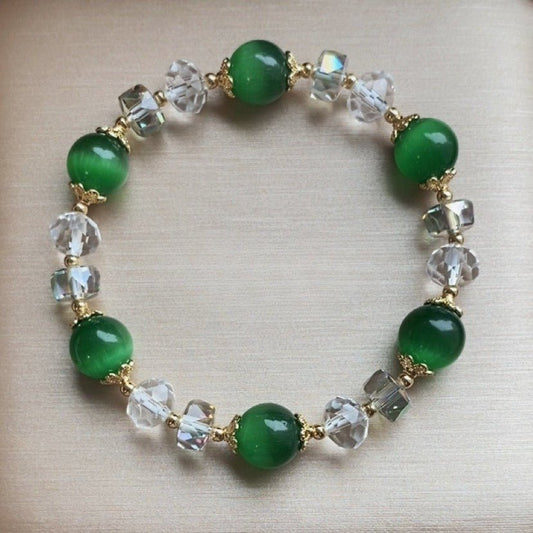 Natural White Cat's Eye Stone Bracelet with 10mm Austrian Crystals - Elegant Women's Fashion Jewelry - STAR8S