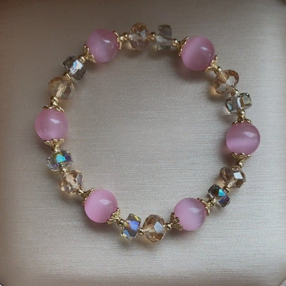 Natural White Cat's Eye Stone Bracelet with 10mm Austrian Crystals - Elegant Women's Fashion Jewelry - STAR8S