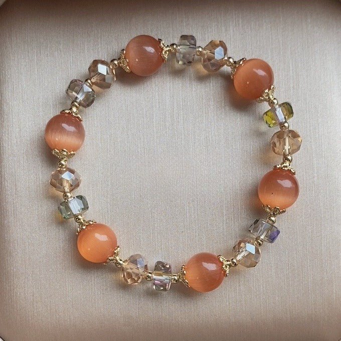 Natural White Cat's Eye Stone Bracelet with 10mm Austrian Crystals - Elegant Women's Fashion Jewelry - STAR8S
