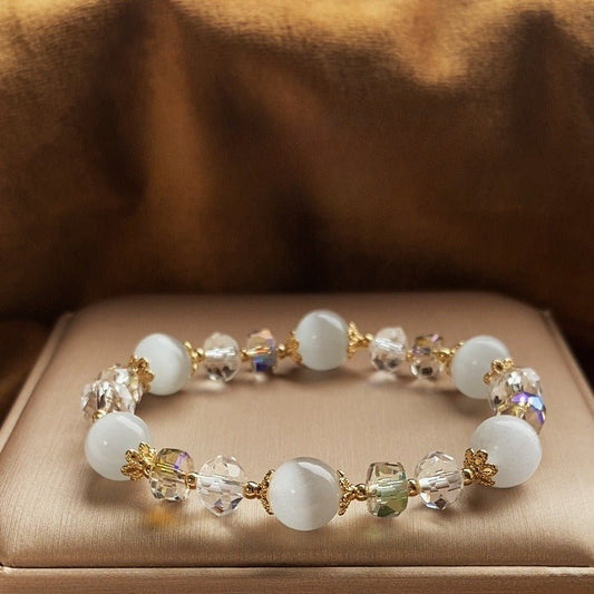 Natural White Cat's Eye Stone Bracelet with 10mm Austrian Crystals - Elegant Women's Fashion Jewelry - STAR8S