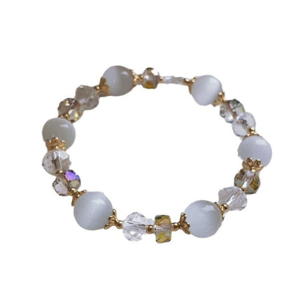 Natural White Cat's Eye Stone Bracelet with 10mm Austrian Crystals - Elegant Women's Fashion Jewelry - STAR8S