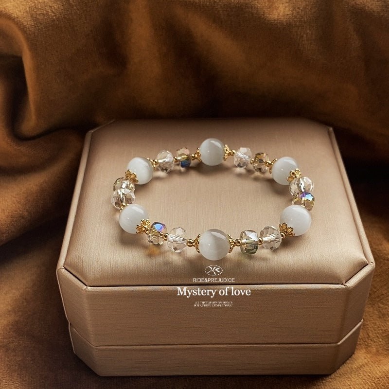 Natural White Cat's Eye Stone Bracelet with 10mm Austrian Crystals - Elegant Women's Fashion Jewelry - STAR8S
