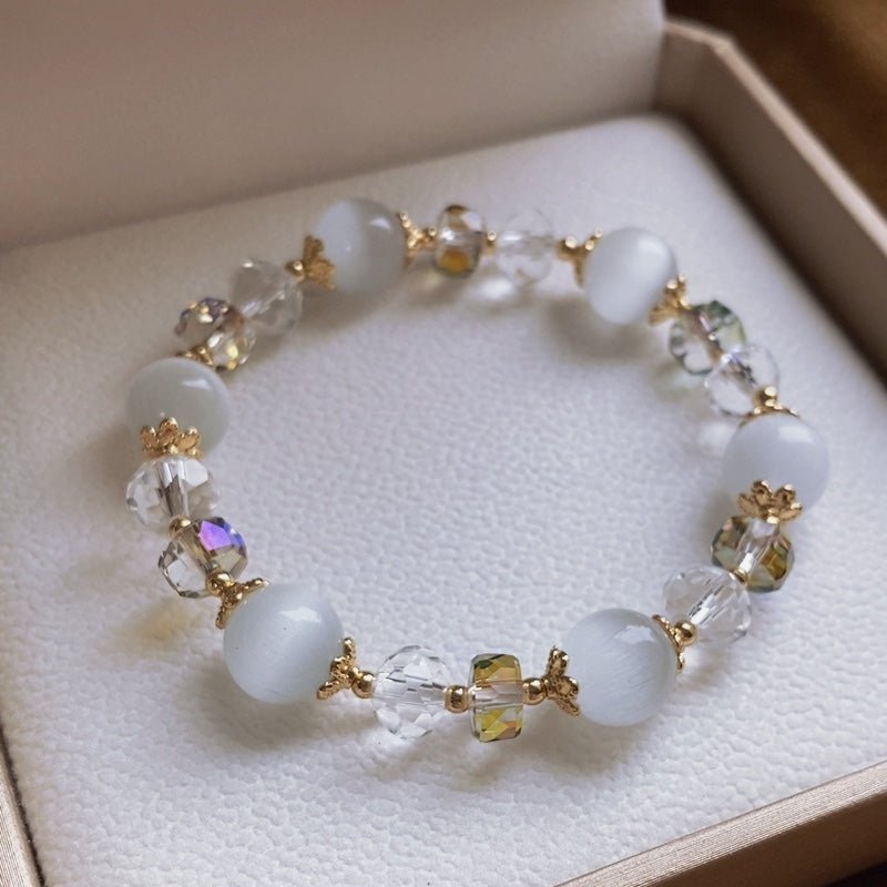 natural white cat's eye stone bracelet with 10mm austrian crystals - elegant women's fashion jewelry - star8s