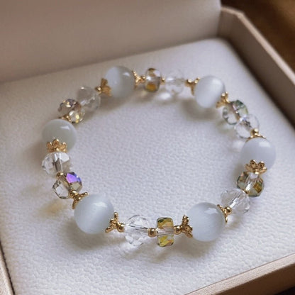 Natural White Cat's Eye Stone Bracelet with 10mm Austrian Crystals - Elegant Women's Fashion Jewelry - STAR8S