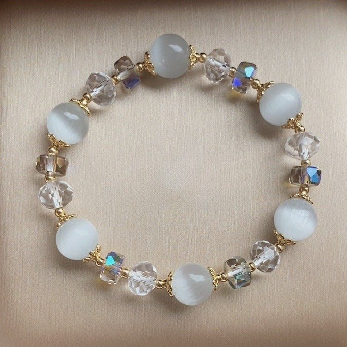 Natural White Cat's Eye Stone Bracelet with 10mm Austrian Crystals - Elegant Women's Fashion Jewelry - STAR8S