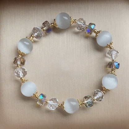 Natural White Cat's Eye Stone Bracelet with 10mm Austrian Crystals - Elegant Women's Fashion Jewelry - STAR8S