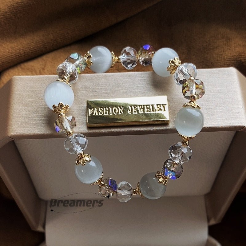 natural white cat's eye stone bracelet with 10mm austrian crystals - elegant women's fashion jewelry - star8s
