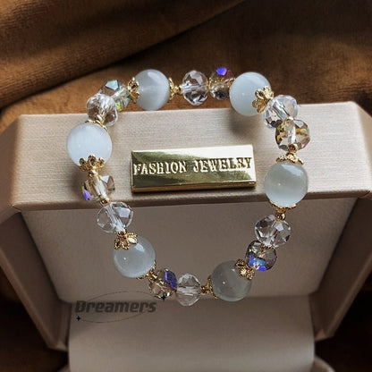 Natural White Cat's Eye Stone Bracelet with 10mm Austrian Crystals - Elegant Women's Fashion Jewelry - STAR8S