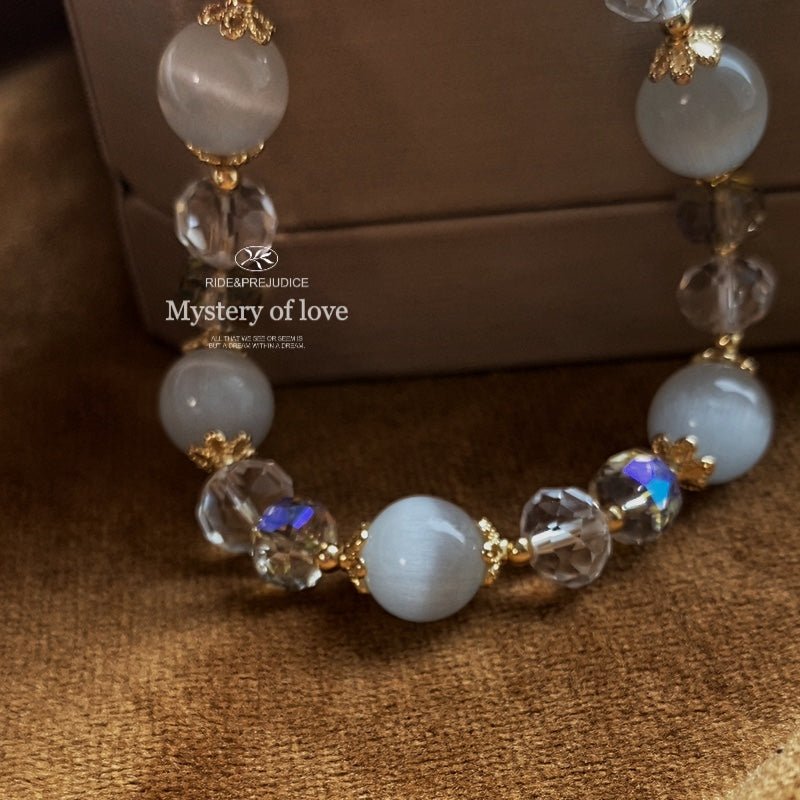 natural white cat's eye stone bracelet with 10mm austrian crystals - elegant women's fashion jewelry - star8s