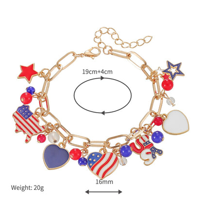 Patriotic USA Flag Charm Bracelet for Women Teen Girls 4th of July Jewelry Memorial Day Independence Day Gifts Red White and Blue Enamel Star Heart Olympic Sports Fan Link Chain Bracelet