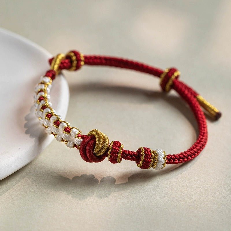 Peach Blossom Knot Red String Bracelet | Handmade with Golden Lily Flower Accents - Good Luck Charm - STAR8S